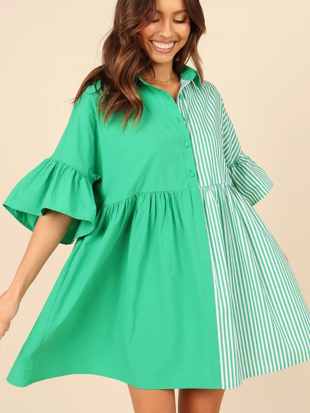 Petal & Pup Green Two-Tone Striped Mini Dress